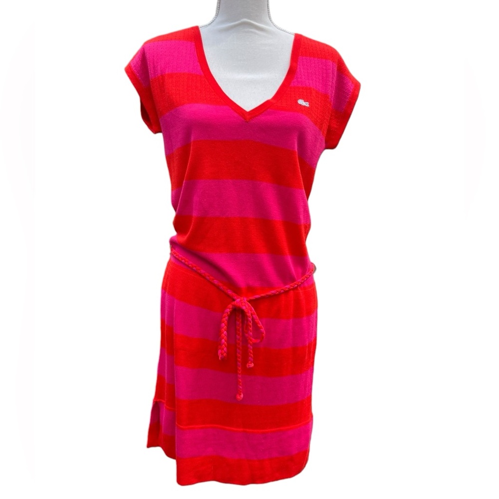 Lacoste Red and Pink Asymmetrical V-Neck Dress